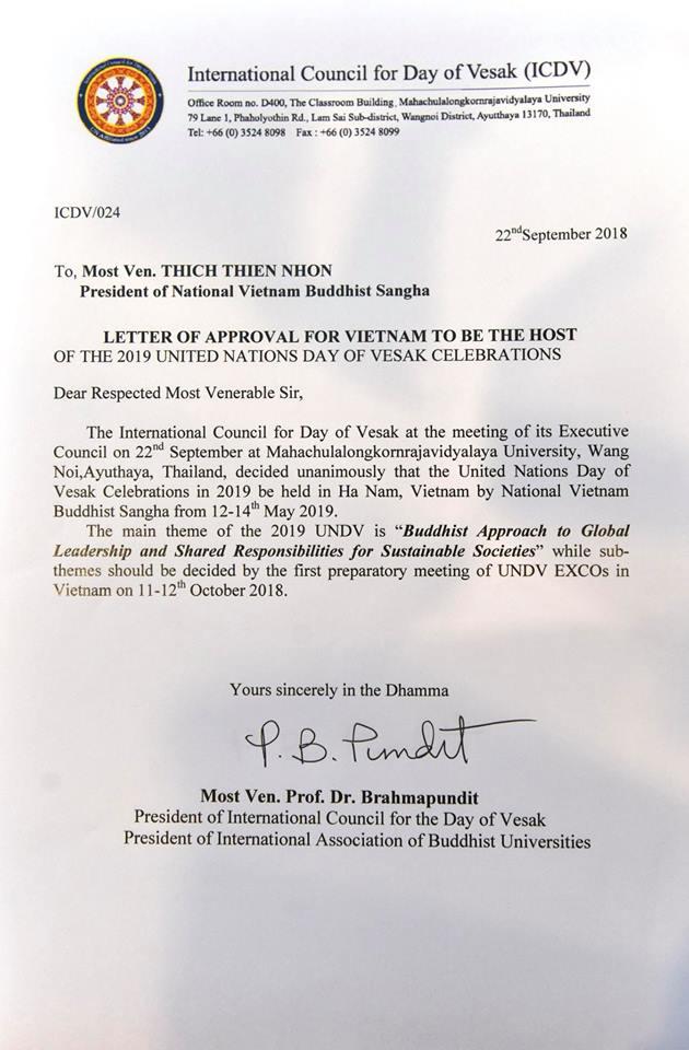 VIỆT NAM CHÍNH THỨC ĐƯỢC CHUYỂN GIAO QUYỀN ĐĂNG CAI ĐẠI LỄ PHẬT ĐẢN LHQ 2019 (UNITED NATIONS DAY OF VESAK)